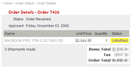 Mac Book Pro Order: Unfulfilled
