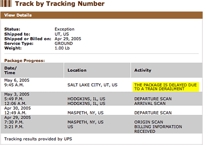 UPS Tracking Status: The package is delayed due to a train derailment.